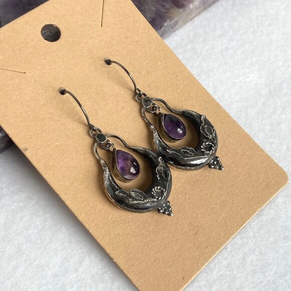 VTG Oxidized Sterling Silver 925 1.86" Amethyst Cabochon Dangle Drop Earrings - Picture 7 of 16